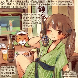 Rule 34 | 10s, 1girl, ;), admiral (kancolle), alcohol, alternate costume, arrow (symbol), baseball bat, beer, blush, blush stickers, brown hair, chopsticks, closed mouth, collarbone, dated, eyebrows, flat chest, food, glass, hat, japanese clothes, kantai collection, kimono, kirisawa juuzou, non-human admiral (kancolle), numbered, one eye closed, open mouth, robe, ryuujou (kancolle), short sleeves, smile, table, television, text focus, translation request, twintails, twitter username, yukata