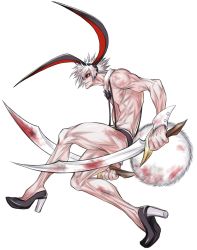 Rule 34 | 1boy, akatsuki akira, animal ears, blood, bow, bowtie, rabbit ears, rabbit tail, colored sclera, crazy eyes, dual wielding, evil grin, evil smile, full body, grin, high heels, highres, holding, juuni taisen, looking at viewer, male focus, official art, red sclera, sharp teeth, topless male, silver hair, simple background, smile, solo, suspenders, sword, tail, teeth, usagi (juuni taisen), weapon, white background, white eyes