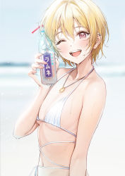 Rule 34 | 1girl, ameyame, bare shoulders, bikini, blonde hair, blush, bottle, breasts, collarbone, ear piercing, flat chest, hair between eyes, highres, idolmaster, idolmaster shiny colors, jewelry, looking at viewer, navel, necklace, one eye closed, open mouth, piercing, purple eyes, saijo juri, short hair, small breasts, smile, solo, swimsuit, white bikini