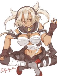 Rule 34 | 10s, 1girl, between fingers, blonde hair, breasts, dark-skinned female, dark skin, fingerless gloves, glasses, gloves, grin, hair over eyes, hand on own knee, holding, indian style, kantai collection, large breasts, musashi (kancolle), musashi kai (kancolle), myama, navel, personification, pointy hair, red eyes, sarashi, short hair, sitting, smile, solo, tank top