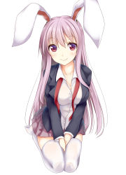 Rule 34 | 1girl, absurdres, animal ears, bad id, bad pixiv id, blush, breasts, cleavage, highres, hisae (hisae collect), jacket, large breasts, light purple hair, long hair, long sleeves, looking at viewer, miniskirt, necktie, rabbit ears, red eyes, reisen udongein inaba, seiza, shirt, simple background, sitting, skirt, smile, solo, thighhighs, thighs, touhou, white background, white thighhighs, zettai ryouiki