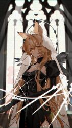 Rule 34 | 1girl, animal ears, arknights, black dress, blonde hair, breasts, cleavage, commentary, cowboy shot, dorothy (arknights), dorothy (hand of destiny) (arknights), dress, english commentary, erober, headdress, highres, indoors, jewelry, lens flare, long hair, long sleeves, looking at viewer, medium breasts, mouse ears, mouse girl, necklace, pearl necklace, solo, stained glass, sword, twitter username, upper body, veil, weapon, window, yellow eyes