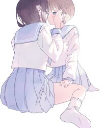 Rule 34 | 2girls, blue eyes, blue sailor collar, blue skirt, brown hair, commentary request, eye contact, hand on another&#039;s cheek, hand on another&#039;s face, highres, light brown hair, long sleeves, looking at another, multiple girls, no shoes, original, parted lips, pleated skirt, sailor collar, school uniform, seiza, serafuku, shirt, sidelocks, simple background, sitting, skirt, socks, valentine (02140314c), wariza, white background, white shirt, white socks, yuri