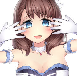 Rule 34 | 10s, 1girl, absurdres, armband, blue eyes, blush, breasts, brown hair, cleavage, commentary request, dress, eyebrows, gloves, hair ribbon, heart, heart in eye, highres, idolmaster, idolmaster cinderella girls, looking at viewer, neit ni sei, open mouth, ribbon, sagisawa fumika, sakuma mayu, short hair, smile, solo, strapless, strapless dress, symbol in eye, upper body