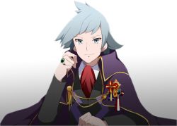 Rule 34 | 1boy, black jacket, cloak, closed mouth, collared shirt, commentary, creatures (company), game freak, grey eyes, grey hair, hand up, jacket, jewelry, long sleeves, looking at viewer, male focus, medal, necktie, nintendo, noyeshr, pokemon, pokemon rse, purple cloak, red necktie, ribbon, ring, shirt, smile, solo, steven stone, upper body, white shirt