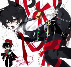 Rule 34 | 1boy, animal ears, black eyes, black hair, black pants, black vest, blush, bound, bound arms, cat ears, cat tail, christmas lights, hanging, highres, lemonail, limbus company, long sleeves, merry christmas, necktie, open mouth, pants, project moon, red necktie, saliva, shirt, simple background, solo, sweat, tail, vest, white background, white shirt, yi sang (project moon)