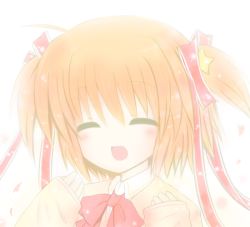 Rule 34 | 1girl, closed eyes, female focus, gradient background, kamikita komari, little busters!, open mouth, orange hair, pale color, school uniform, short hair, solo, twintails, two side up, white background, yuuki (momoyuki)