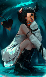 Rule 34 | 1girl, absurdres, black hair, boots, camera phone, commentary, demon girl, demon horns, demon tail, detached sleeves, dress, ehrrr, english commentary, hair ornament, halo, highres, holding, holding phone, horns, jewelry, looking at viewer, misery-chan, orange eyes, original, phone, piercing, ring, selfie, short hair, slit pupils, squatting, tail, tail ornament, tail piercing, tail ring, white dress