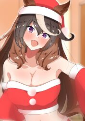 Rule 34 | 1girl, absurdres, black hair, blush, breasts, brown hair, christmas, cleavage, commentary, detached sleeves, fur-trimmed headwear, fur-trimmed tube top, fur trim, hat, head tilt, highres, horse girl, irony (panda153do), large breasts, long hair, looking at viewer, midriff, multicolored hair, open mouth, purple eyes, red hat, red skirt, red sleeves, red tube top, santa hat, skirt, smile, solo, strapless, streaked hair, symboli rudolf (umamusume), textless version, tube top, umamusume, wide sleeves