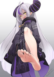 Rule 34 | 1girl, absurdres, artist name, barefoot, black nails, coat, collar, cuffs, feet, foot focus, gradient background, highres, hololive, holox, horns, la+ darknesss, long hair, long sleeves, looking at viewer, multicolored hair, nail polish, open mouth, pointy ears, pompmaker1, purple hair, purple thighhighs, revision, silver hair, single thighhigh, sleeves past wrists, soles, solo, streaked hair, thighhighs, toenail polish, toenails, toes, very long hair, virtual youtuber, yellow eyes