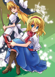 Rule 34 | 2girls, :d, alice margatroid, apron, blonde hair, blue dress, blue eyes, book, boots, broom, capelet, cosmic chicken, cross-laced footwear, dress, female focus, green background, grimoire, grimoire of alice, hat, high heels, hip focus, inuinui, kirisame marisa, hugging own legs, looking at viewer, multiple girls, necktie, open mouth, sash, shoes, sitting, smile, star (symbol), starry background, touhou, waist apron, witch hat, yellow eyes