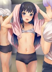 Rule 34 | 3girls, arms up, asashio (kancolle), ass, black hair, blush, bra, bra lift, buruma, commission, drying, drying hair, flat ass, flat chest, gym uniform, highres, holding, holding towel, indoors, kantai collection, locker, locker room, long hair, looking at viewer, michishio (kancolle), multiple girls, navel, nipples, ooshio (kancolle), open mouth, panties, petite, shirt, skeb commission, smile, sody, standing, sweat, towel, towel on head, underwear, undressing, wet, wet hair