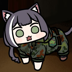 1girl :3 all_fours animal_ear_fluff animal_ears camouflage camouflage_jacket camouflage_pants cat_ears cat_girl cat_tail chibi chibi_only commentary green_eyes grey_hair jacket jazz_jack karyl_(princess_connect!) long_hair lowres military_uniform multicolored_hair open_mouth pants photo-referenced princess_connect! sidelocks solo stalker_(game) streaked_hair tail white_hair