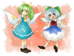 Rule 34 | :d, bad id, bad pixiv id, blue hair, blush, bow, child, cirno, daiyousei, dress, green eyes, green hair, hair bow, hammer (sunset beach), open mouth, short hair, side ponytail, smile, touhou, wings