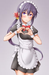 Rule 34 | 1girl, akebono (kancolle), alternate costume, anti (untea9), apron, bell, black dress, blush, collared dress, cowboy shot, dress, embarrassed, enmaided, flower, frilled apron, frilled dress, frills, gradient background, grey background, hair bell, hair between eyes, hair flower, hair ornament, heart, heart hands, highres, kantai collection, long hair, maid, maid apron, maid headdress, puffy short sleeves, puffy sleeves, purple eyes, purple hair, red neckwear, short sleeves, side ponytail, solo, very long hair, waist apron, white apron, wrist cuffs