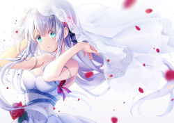 Rule 34 | 1girl, :o, aqua eyes, armlet, arms up, bare shoulders, blue hair, blush, breasts, bridal veil, cleavage, collarbone, colored eyelashes, commentary request, dress, flower, highres, kisaragi yuri, long hair, looking at viewer, medium breasts, motion blur, original, parted lips, petals, pink ribbon, red flower, red rose, ribbon, rose, rose petals, see-through, sidelocks, simple background, sleeveless, sleeveless dress, solo, tareme, twintails, underbust, upper body, veil, wedding dress, white background, white dress