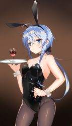 Rule 34 | 1girl, alcohol, animal ears, black choker, black leotard, black pantyhose, blue eyes, blue hair, breasts, brown background, choker, covered navel, cowboy shot, cup, drinking glass, fake animal ears, gradient background, hand on own hip, highres, leotard, low ponytail, original, pantyhose, playboy bunny, ponytail, rabbit ears, rabbit girl, rabbit tail, small breasts, solo, standing, strapless, strapless leotard, tail, tray, wine, wine glass, wrist cuffs, xiaoyu chiaki