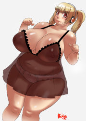 Rule 34 | 1girl, blonde hair, blush, breasts, brown eyes, cleavage, covered navel, doomcomic, fat, headphones, highres, huge breasts, large areolae, looking at viewer, nipples, nitroplus, panties, plump, see-through, solo, standing, super pochaco, thick thighs, thighs, twintails, underwear, wide hips