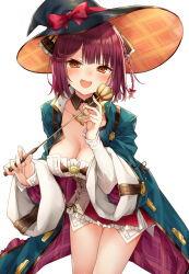 Rule 34 | 1girl, :d, alt (ctrldel), atelier (series), atelier sophie, atelier sophie 2, blue coat, blush, braid, breasts, cleavage, coat, commentary request, detached collar, dolphin pendant, dress, fang, hair over one eye, halloween costume, hands up, happy, hat, hat ribbon, head scarf, highres, holding, holding wand, leaning forward, legs together, long sleeves, looking at viewer, medium breasts, medium hair, open clothes, open coat, open mouth, orange eyes, red hair, red ribbon, ribbon, single braid, smile, solo, sophie neuenmuller, wand, wide sleeves, witch hat
