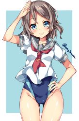 Rule 34 | 10s, 1girl, blue background, blue eyes, blue one-piece swimsuit, blush, collarbone, competition swimsuit, cowboy shot, crossed bangs, gluteal fold, grey hair, hand on own hip, head tilt, looking at viewer, love live!, love live! sunshine!!, neckerchief, one-piece swimsuit, revision, salute, school uniform, serafuku, short sleeves, smile, solo, swimsuit, swimsuit under clothes, tie clip, twitter username, two-tone background, unacchi (nyusankin), watanabe you