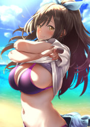 Rule 34 | 1girl, beach, beige shirt, bikini, bikini under clothes, black hair, blue skirt, blue sky, blush, bow, breasts, brown eyes, brown hair, cleavage, closed mouth, clothes lift, cloud, commentary request, day, frills, hair bow, idolmaster, idolmaster shiny colors, large breasts, lifted by self, long hair, looking at viewer, navel, ocean, outdoors, pija (pianiishimo), ponytail, purple bikini, shirt lift, skirt, sky, sleeveless, smile, solo, stomach, sunlight, swimsuit, tsukioka kogane