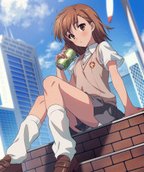 Rule 34 | 1girl, :o, arm support, asada hachi, black skirt, blue sky, blurry, blurry background, blush, brown eyes, brown footwear, brown hair, brown sweater vest, building, buttons, can, collared shirt, commentary request, day, dress shirt, drink can, dutch angle, highres, holding, holding can, loafers, looking at viewer, loose socks, medium hair, misaka mikoto, outdoors, pleated skirt, school uniform, shadow, shirt, shoes, short sleeves, sitting, skirt, sky, skyscraper, socks, soda can, solo, sweater vest, toaru kagaku no railgun, toaru majutsu no index, tokiwadai school uniform, white shirt, white socks