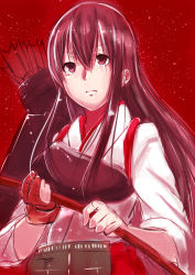 Rule 34 | 10s, 1girl, akagi (kancolle), archery, arrow (projectile), blush, brown eyes, brown hair, flight deck, gloves, japanese clothes, kantai collection, kyuudou, long hair, mikan (chipstar182), muneate, partially fingerless gloves, partly fingerless gloves, personification, quiver, red background, single glove, solo, yugake
