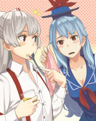 Rule 34 | 2girls, bad id, bad pixiv id, blouse, blue hair, bow, breasts, cleavage, collarbone, collared shirt, eating, eyebrows, food, food on face, fujiwara no mokou, hair bow, handkerchief, hat, kamishirasawa keine, long hair, multiple girls, open mouth, p no hito, polka dot, polka dot background, pudding, red eyes, shirt, silver hair, spoon, ^^^, suspenders, touhou, upper body, utensil in mouth