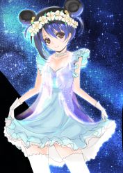 Rule 34 | 10s, 1girl, frapowa, gloves, head wreath, looking at viewer, love live!, love live! school idol project, short hair, skirt, skirt hold, sky, smile, solo, sonoda umi, star (sky), starry sky, thighhighs, white gloves, white thighhighs, yume no tobira