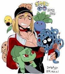 Rule 34 | 10s, 1girl, baseball cap, bellsprout, blonde hair, breasts, bulbasaur, cellphone, cleavage, copyright name, creatures (company), dark-skinned female, dark skin, doduo, female protagonist (pokemon go), fingerless gloves, game freak, gen 1 pokemon, gloves, grin, hat, heart, large breasts, long hair, looking at viewer, mado (mukade tou), nintendo, oddish, open mouth, orange eyes, phone, pokemon, pokemon (creature), pokemon go, ponytail, red eyes, simple background, smile, tangela, teeth, weedle, white background