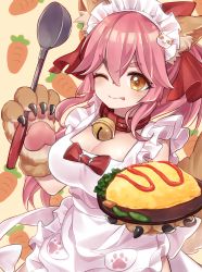 Rule 34 | 1girl, animal ear fluff, animal ears, animal hands, apron, bad id, bad pixiv id, bell, breasts, cat hair ornament, cat paws, cleavage, collar, fangs, fate/grand order, fate (series), food, fox ears, fox tail, gloves, hair ornament, hair ribbon, highres, jingle bell, large breasts, long hair, looking at viewer, maid headdress, naked apron, neck bell, omelet, omurice, one eye closed, paw gloves, pink hair, ponytail, red ribbon, ribbon, solo, soramame pikuto, tail, tamamo (fate), tamamo cat (fate), tamamo cat (third ascension) (fate), thick eyebrows, tongue, yellow eyes
