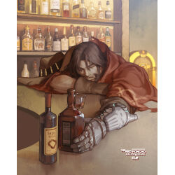 Rule 34 | 1boy, alcohol, bottle, brown gloves, brown hair, cassidy (overwatch), closed mouth, cowboy hat, cup, english text, et.m, facial hair, gloves, hat, highres, holding, holding bottle, male focus, mechanical arms, overwatch, overwatch 1, poncho, red poncho, short hair, sideburns, single glove, single mechanical arm, sleeping, sleeping upright, solo