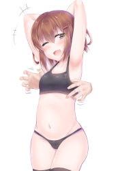 Rule 34 | +++, 10s, 1girl, armpits, black one-piece swimsuit, black panties, brown eyes, brown hair, cowboy shot, fang, hair between eyes, highres, ikazuchi (kancolle), kantai collection, kitajima yuuki, navel, one-piece swimsuit, one eye closed, open mouth, panties, short hair, simple background, solo, stomach, swimsuit, tickling, tickling sides, underwear, underwear only, white background