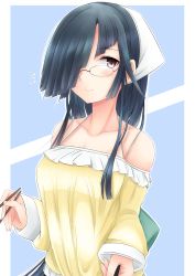 Rule 34 | 10s, 1girl, alternate costume, bespectacled, black hair, blouse, brown eyes, chopsticks, cooking, glasses, hair over one eye, hayashimo (kancolle), head scarf, highres, kantai collection, long hair, long sleeves, looking at viewer, ootori subaru, shirt, smile, solo, very long hair
