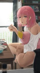 Rule 34 | 1girl, bare legs, bare shoulders, barefoot, cigarette, hair between eyes, highres, holding, holding cigarette, indoors, looking at viewer, medium hair, noeru, original, parted lips, pink eyes, pink hair, shelf, shirt, sitting, solo, stuffed animal, stuffed platypus, stuffed toy, table, white shirt, wooden table