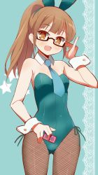 Rule 34 | 1girl, 9law, :d, animal ears, bad id, bad pixiv id, bare shoulders, black-framed eyewear, blue background, brown eyes, brown hair, detached collar, fake animal ears, fishnet pantyhose, fishnets, glasses, long hair, looking at viewer, minami mirei, necktie, open mouth, pantyhose, playboy bunny, ponytail, pretty series, pripara, rabbit ears, smile, solo, star (symbol), wrist cuffs