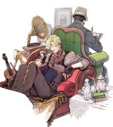 Rule 34 | 2boys, absurdres, ace attorney, black gloves, blonde hair, book, bowler hat, brown pants, closed eyes, couch, desk lamp, facing away, fingerless gloves, gloves, grey jacket, hat, herlock sholmes, highres, holding, holding pen, holding smoking pipe, instrument, jacket, lamp, long sleeves, male focus, multiple boys, on couch, open book, pants, pen, phonograph, picture frame, short hair, sitting, smile, smoking pipe, tanaotanako, teapot, the great ace attorney, the great ace attorney 2: resolve, vest, violin, writing, yujin mikotoba