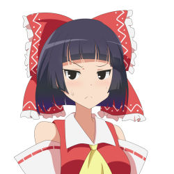 Rule 34 | 1girl, bare shoulders, black eyes, blunt bangs, bow, cato (monocatienus), closed mouth, collar, dress, frown, grey hair, hakurei reimu, highres, hime cut, long sleeves, looking at viewer, red bow, red dress, short hair, simple background, solo, touhou, white background, white collar, white sleeves, yellow neckwear