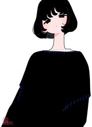 Rule 34 | 1girl, absurdres, artist name, black eyes, black hair, black sweater, bob cut, closed mouth, dated, earrings, half-closed eyes, highres, jewelry, limited palette, long neck, long sleeves, looking at viewer, making-of available, original, short hair, simple background, solo, sweater, tatamipi, upper body, white background