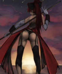 Rule 34 | 10s, 1girl, ass, bare shoulders, black panties, black thighhighs, bow, choker, cloud, cloudy sky, corset, elbow gloves, from behind, garter straps, gloves, hair bow, highres, lance, legs, magical girl, mahou shoujo madoka magica, mahou shoujo madoka magica (anime), panties, polearm, ponytail, red hair, riftgarret, sakura kyoko, showgirl skirt, sky, solo, sunset, thighhighs, thong, underwear, v, weapon, white gloves