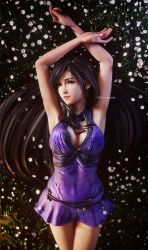 Rule 34 | 1girl, 3d, absurdres, armpits, arms up, black hair, blue dress, breasts, cleavage, dress, earrings, final fantasy, final fantasy vii, final fantasy vii remake, flower, highres, jewelry, large breasts, long hair, looking at viewer, lying, official alternate costume, on back, red eyes, ria-neearts, sleeveless, sleeveless dress, solo, square enix, tifa lockhart, tifa lockhart (refined dress), wall market
