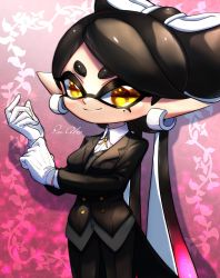 Rule 34 | + +, 1girl, adjusting clothes, adjusting gloves, altoooooon, artist name, black hair, black jacket, black pants, blazer, butler, callie (splatoon), check commentary, coattails, commentary request, dress shirt, earrings, female butler, gloves, gradient hair, grey vest, highres, inkling, ivy, jacket, jewelry, long hair, looking at viewer, mask, mole, mole under eye, multicolored hair, neck ribbon, nintendo, pants, pointy ears, purple background, purple hair, ribbon, shirt, signature, solo, standing, standing on one leg, swept bangs, tentacle hair, very long hair, vest, white gloves, white shirt, wing collar, yellow eyes, yellow ribbon