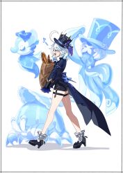 1girl absurdres ascot bag baguette black_shorts blue_hair blue_hat blue_jacket blush bonnet bow bread breasts brooch closed_eyes fish food full_body furina_(genshin_impact) genshin_impact gentilhomme_usher gloves hat hermit_crab high_heels highres jacket jewelry kei_(soundcross) light_blue_hair long_sleeves mademoiselle_crabaletta multicolored_hair octopus open_mouth paper_bag seahorse shirt short_hair short_shorts shorts small_breasts smile streaked_hair surintendante_chevalmarin thigh_strap top_hat white_hair white_shirt