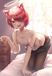 Rule 34 | 1girl, absurdres, animal ear fluff, animal ears, arknights, bare shoulders, black pantyhose, black skirt, blush, cat ears, collarbone, commentary, curtains, exusiai (arknights), fang, hair over one eye, halo, highres, huge filesize, indoors, kneeling, looking at viewer, off-shoulder shirt, off shoulder, on bed, pantyhose, pencil skirt, red eyes, red hair, sarika, shirt, short hair, skin fang, skirt, smile, solo, white shirt, window
