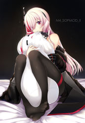 Rule 34 | 1girl, absurdres, breasts, character name, dakimakura (object), girls&#039; frontline, highres, long hair, m4 sopmod ii (girls&#039; frontline), multicolored hair, pantyhose, pillow, pillow bite, pink eyes, pink hair, rennoble, scarf, sideboob, sitting, solo, streaked hair, triangle mouth