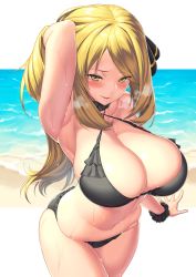 Rule 34 | 1girl, arm at side, arm behind head, arm up, bare arms, bare legs, bare shoulders, beach, bikini, black bikini, black choker, blonde hair, blush, breasts, breath, choker, cleavage, collarbone, commentary request, cowboy shot, creatures (company), criss-cross halter, cynthia (pokemon), day, female focus, fingernails, frilled bikini, frills, game freak, groin, hair ornament, hakai shin, halterneck, highres, large breasts, legs together, long hair, looking at viewer, navel, nintendo, ocean, outdoors, parted bangs, pokemon, pokemon sm, ruffling hair, sand, skindentation, solo, spread fingers, standing, steam, stomach, sweat, swimsuit, water, waves, yellow eyes
