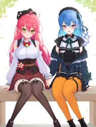 Rule 34 | 2girls, ahoge, bell, beret, black footwear, black headwear, black shirt, black skirt, blue eyes, blue hair, blue jacket, blush, boots, breasts, brown thighhighs, choker, closed mouth, collared shirt, corset, crossed bangs, earrings, frilled skirt, frills, full body, garter straps, green ribbon, hair between eyes, hair ribbon, hat, highres, holding hands, hololive, hoshimachi suisei, hoshimachi suisei (streetwear), jacket, jewelry, jingle bell, jupiterjack8, knees together feet apart, lace, lace-trimmed sleeves, lace choker, lace trim, large breasts, long hair, long sleeves, looking at viewer, miniskirt, multiple girls, neck bell, neck ribbon, o-ring, o-ring thigh strap, off shoulder, open mouth, orange pantyhose, pantyhose, partially unzipped, pink hair, plaid, plaid skirt, pleated skirt, puffy long sleeves, puffy sleeves, red ribbon, red skirt, ribbon, sakura miko, sakura miko (casual), shirt, sitting, skirt, small breasts, smile, star (symbol), star in eye, symbol in eye, thigh strap, thighhighs, virtual youtuber, white shirt