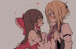 Rule 34 | 2girls, ascot, bad id, bad pixiv id, bare shoulders, blonde hair, blush, breasts, brown eyes, brown hair, chocolate, commentary request, detached sleeves, dress, eye contact, from side, grey background, hair tubes, hakurei reimu, heart, holding hands, interlocked fingers, long hair, long sleeves, looking at another, medium breasts, mouth hold, multiple girls, no headwear, nose blush, profile, purple eyes, sarashi, shnva, sidelocks, simple background, tabard, touhou, upper body, white dress, wide sleeves, yakumo yukari, yellow ascot, yuri