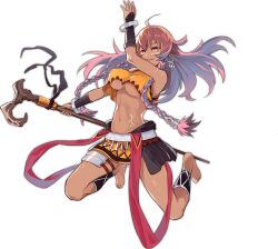 Rule 34 | 1girl, ahoge, ankle wrap, ark order, artist request, barefoot, bracelet, braid, breasts, cane, crop top, dark-skinned female, dark skin, earrings, facial mark, full body, grin, holding, holding cane, jewelry, jumping, kuafu (ark order), large breasts, long hair, looking at viewer, multicolored hair, navel, official art, orange shirt, orange skirt, shirt, side braid, sidelocks, skirt, sleeveless, sleeveless shirt, smile, solo, stomach tattoo, tachi-e, tattoo, thigh strap, transparent background, tribal, twin braids, underboob, yellow eyes