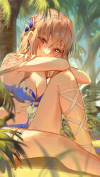 Rule 34 | 1girl, bikini, blue bikini, blush, breasts, brown hair, cleavage, closed mouth, covered mouth, crossed arms, day, earrings, feet out of frame, fern, from side, hair between eyes, heaven burns red, highres, jewelry, kinoruru toiro, knee up, large breasts, leaning forward, long bangs, long hair, nature, navel, outdoors, palm tree, plant, red eyes, shin strap, shirakawa yuina, sidelocks, sitting, smile, solo, stomach, swimsuit, thighs, tree
